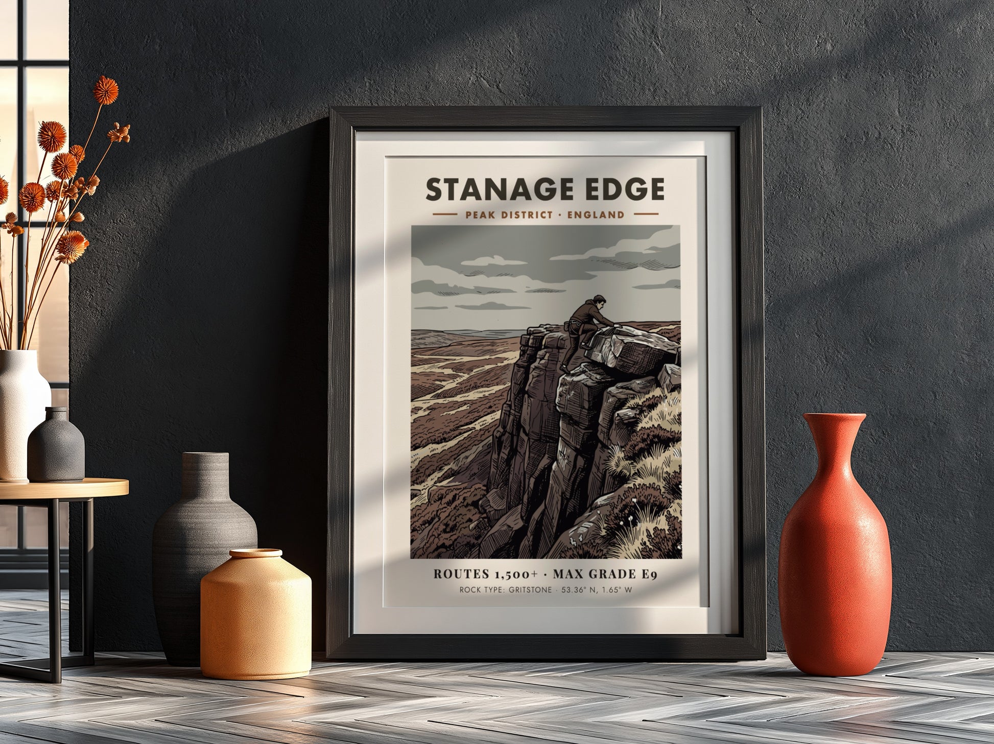 Poster of a climber on Stanage Edge featuring muted earth tones and gritstone