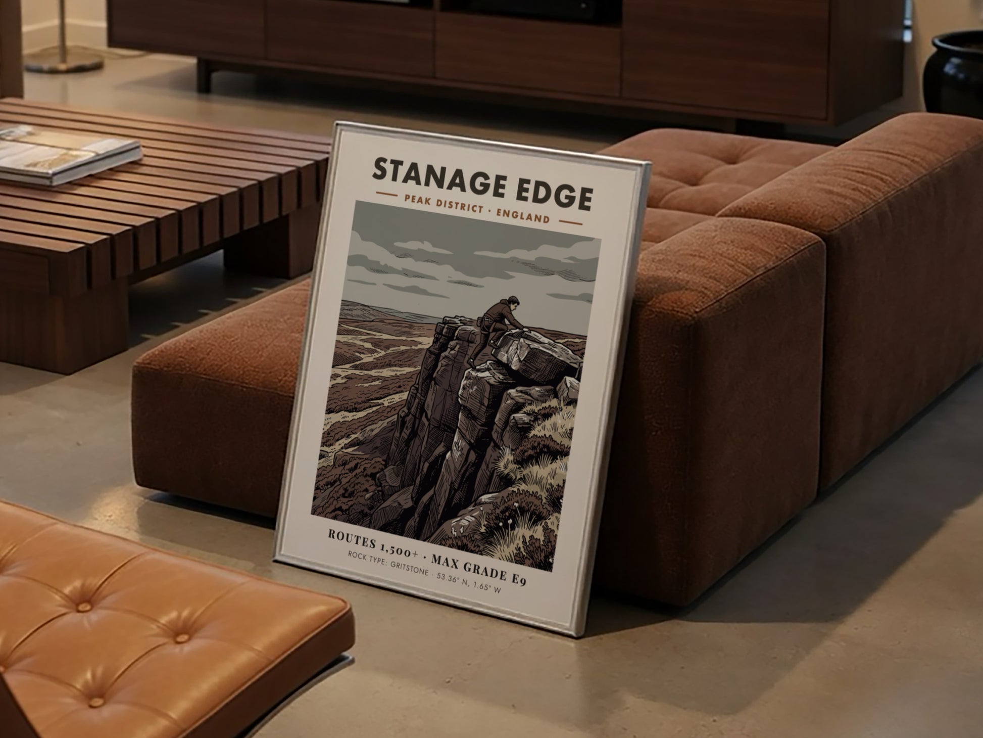 Poster of a climber on Stanage Edge featuring muted earth tones and gritstone