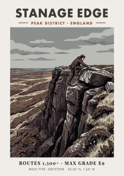 Poster of a climber on Stanage Edge featuring muted earth tones and gritstone