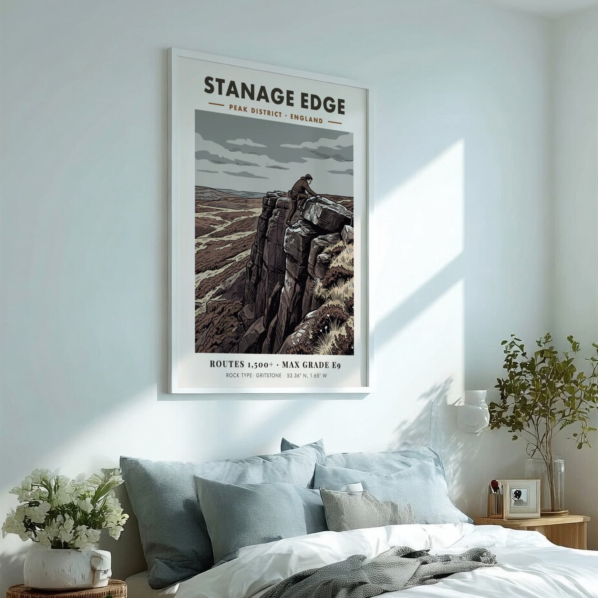 Poster of a climber on Stanage Edge featuring muted earth tones and gritstone