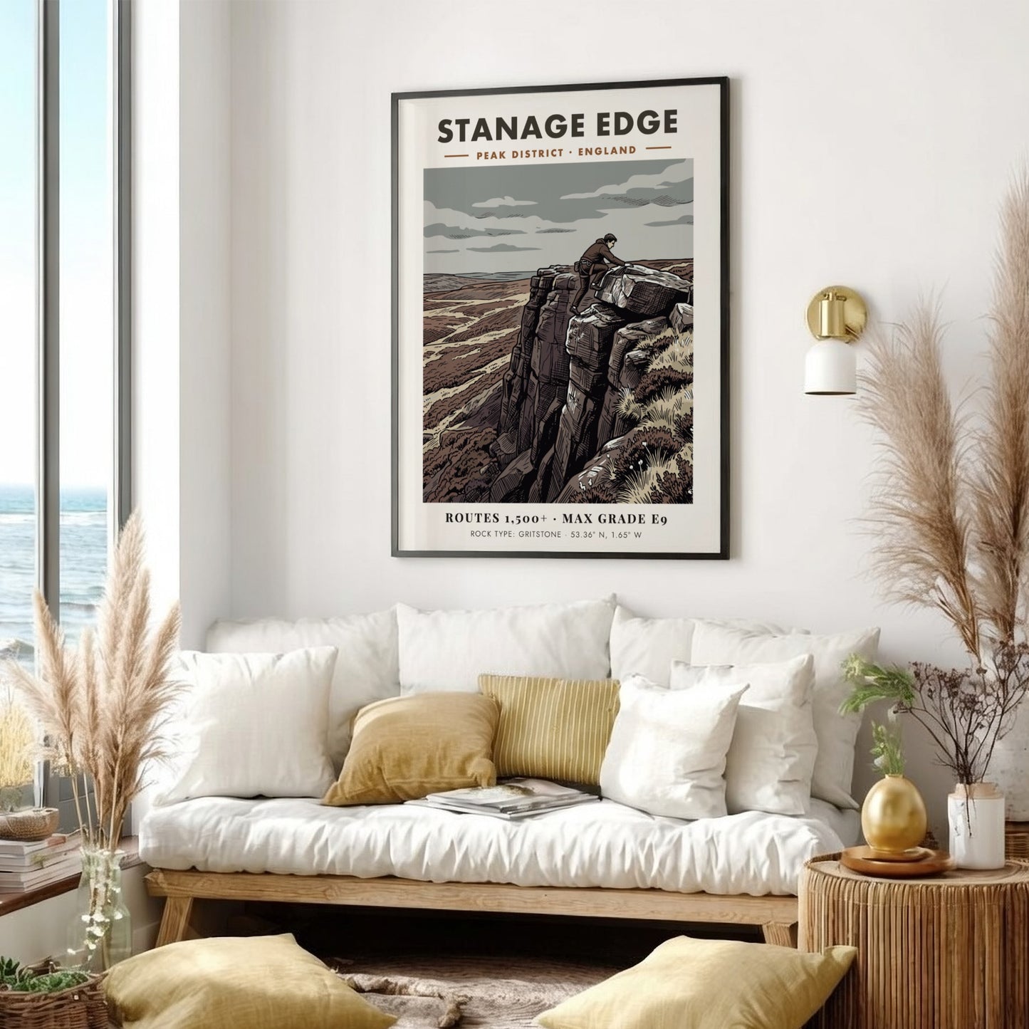 Poster of a climber on Stanage Edge featuring muted earth tones and gritstone