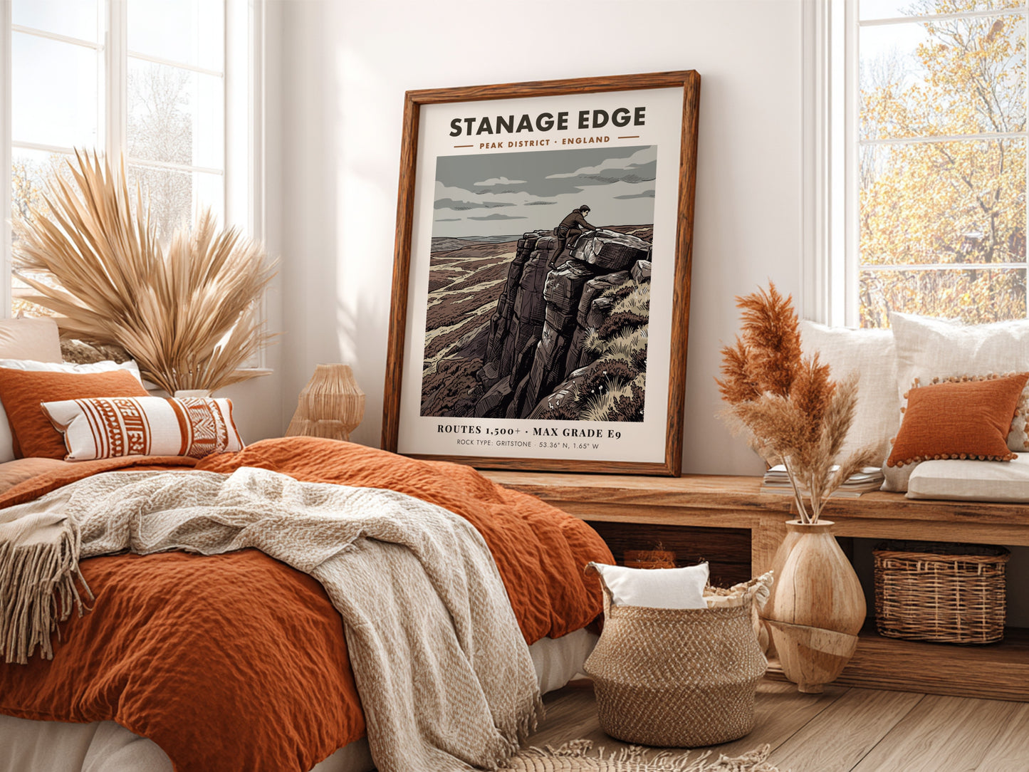 Poster of a climber on Stanage Edge featuring muted earth tones and gritstone