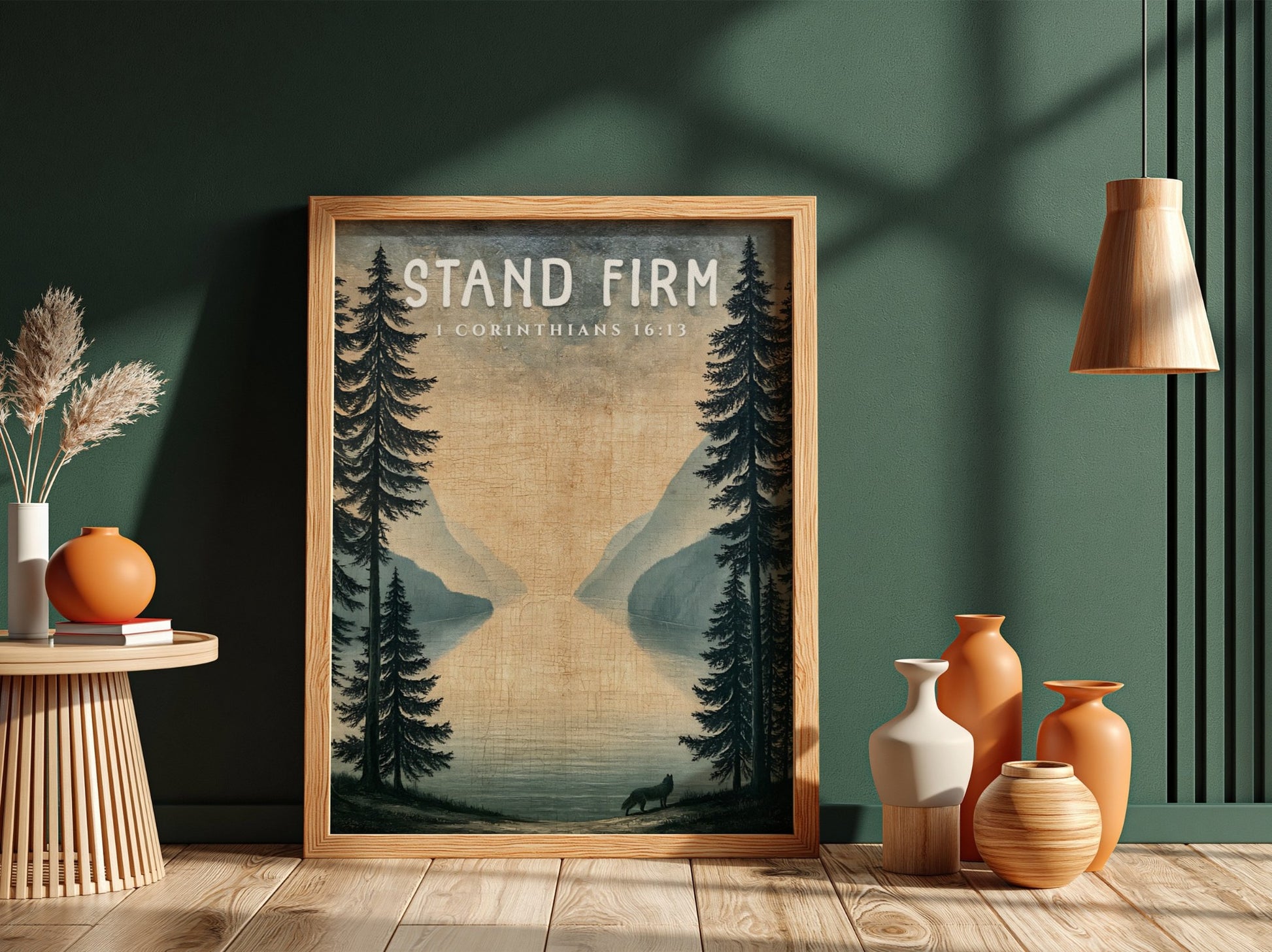 Stand Firm poster featuring a serene landscape with trees and a lake, inspired by 1 Corinthians 16:13,