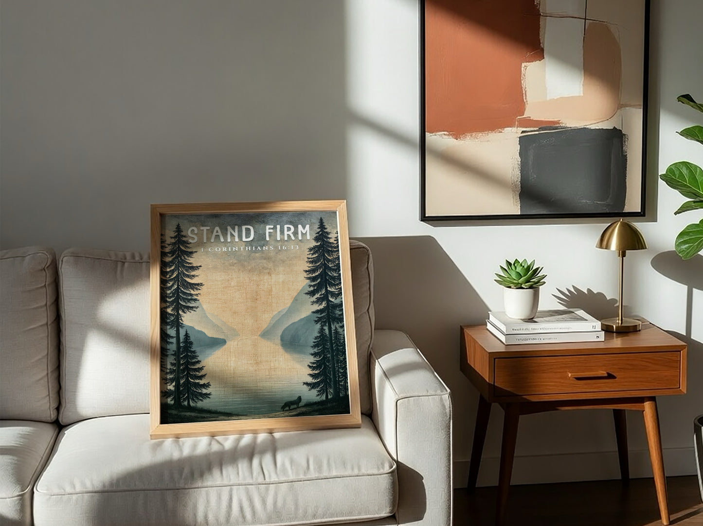Stand Firm poster featuring a serene landscape with trees and a lake, inspired by 1 Corinthians 16:13,