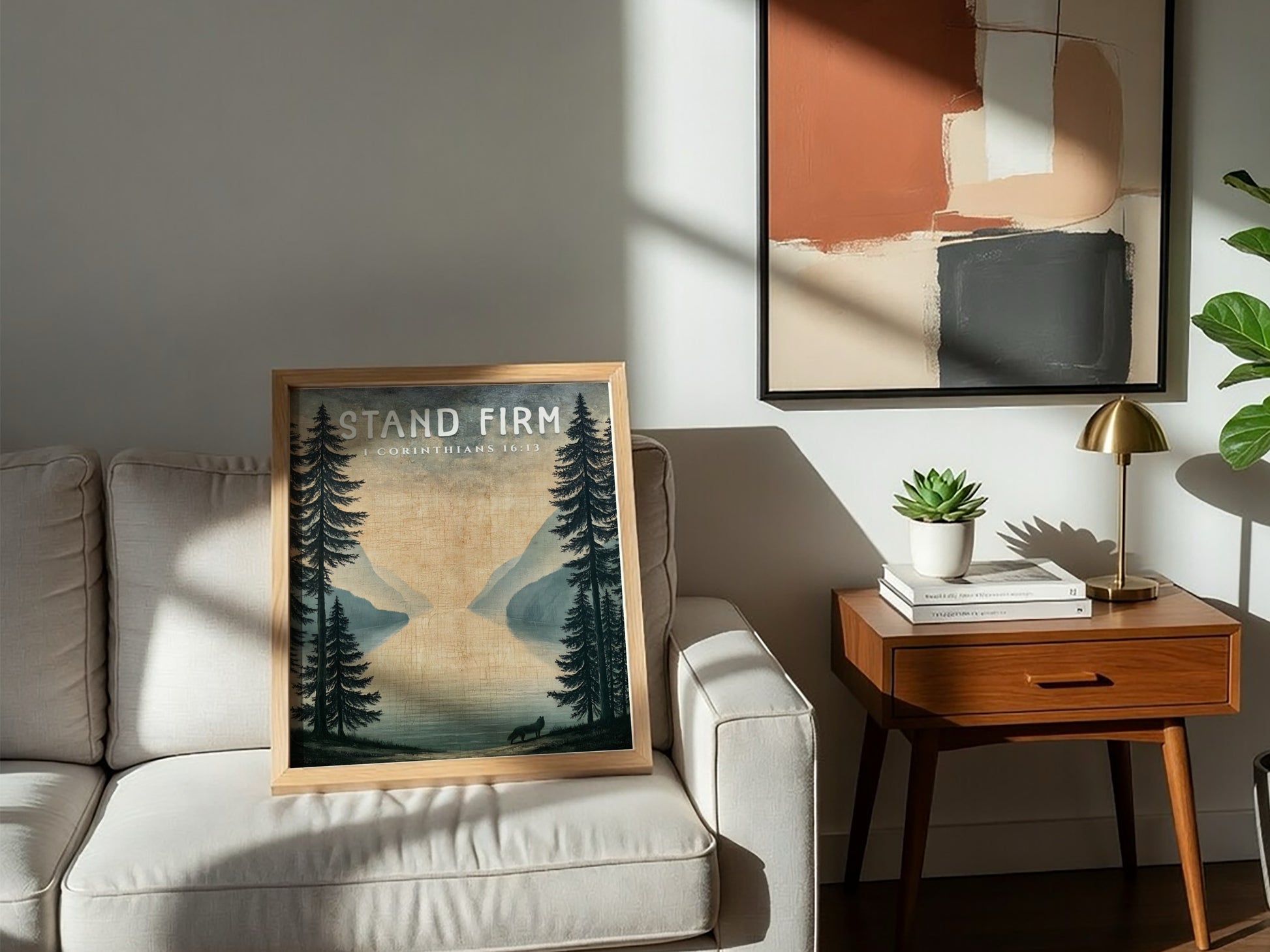 Stand Firm poster featuring a serene landscape with trees and a lake, inspired by 1 Corinthians 16:13,