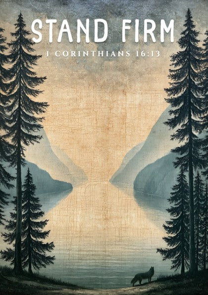 Stand Firm poster featuring a serene landscape with trees and a lake, inspired by 1 Corinthians 16:13,
