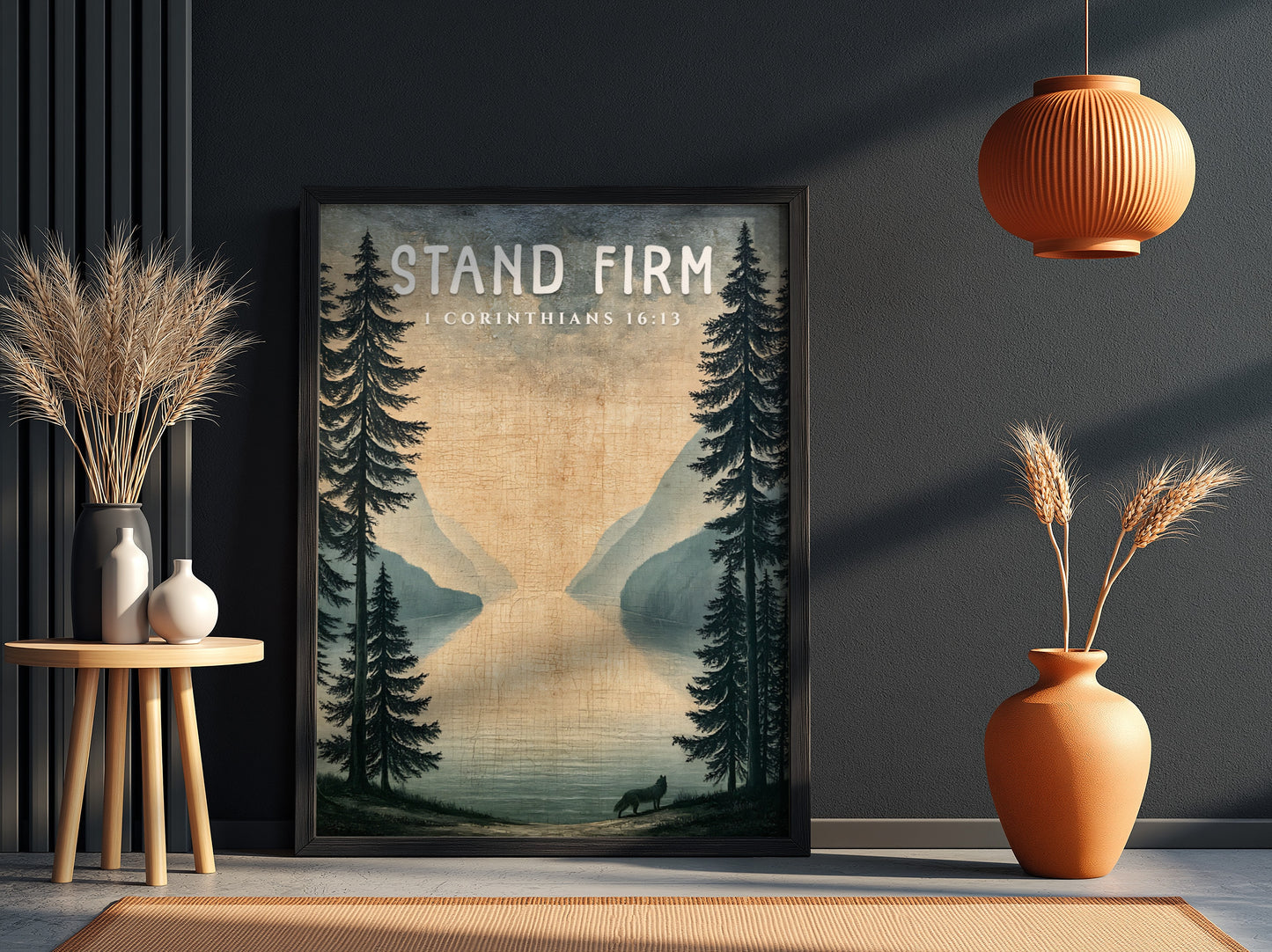 Stand Firm poster featuring a serene landscape with trees and a lake, inspired by 1 Corinthians 16:13,