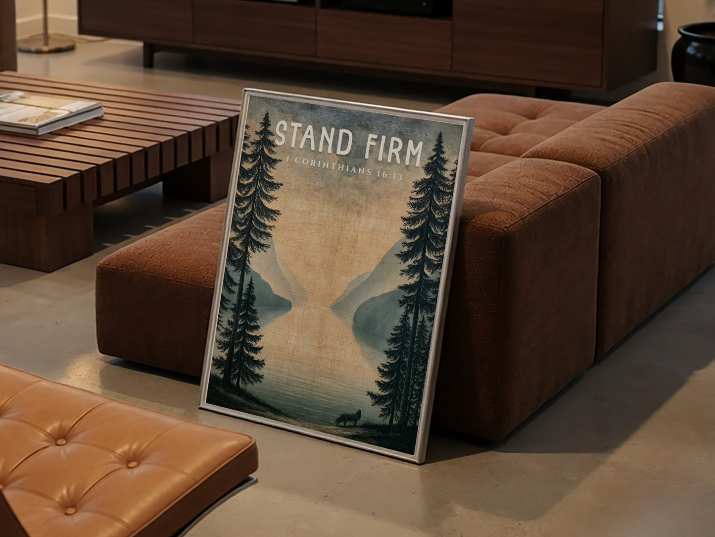 Stand Firm poster featuring a serene landscape with trees and a lake, inspired by 1 Corinthians 16:13,