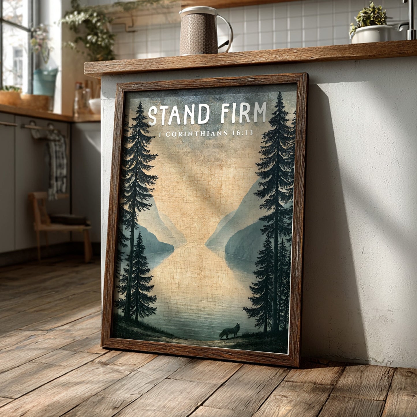 Stand Firm poster featuring a serene landscape with trees and a lake, inspired by 1 Corinthians 16:13,