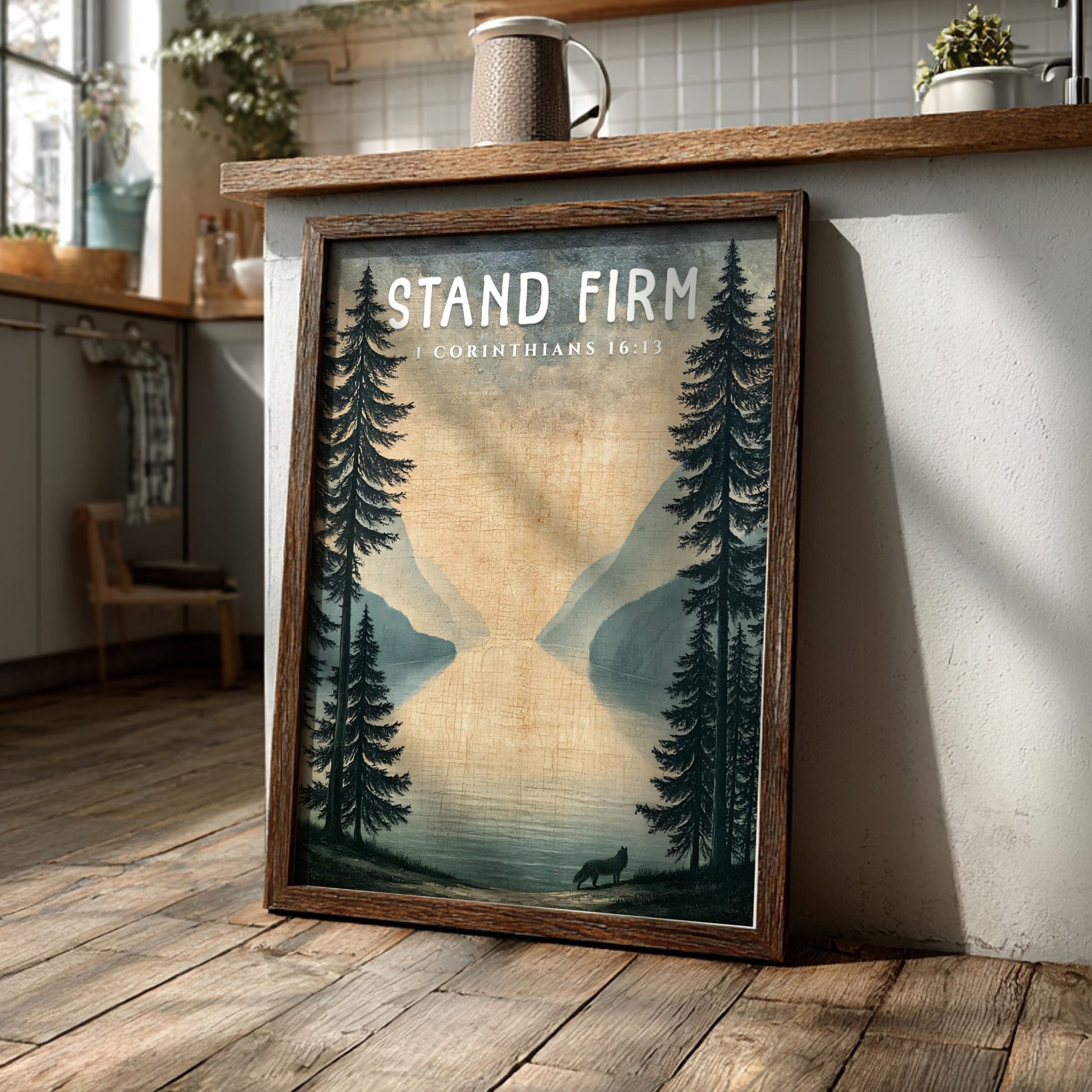 Stand Firm poster featuring a serene landscape with trees and a lake, inspired by 1 Corinthians 16:13,