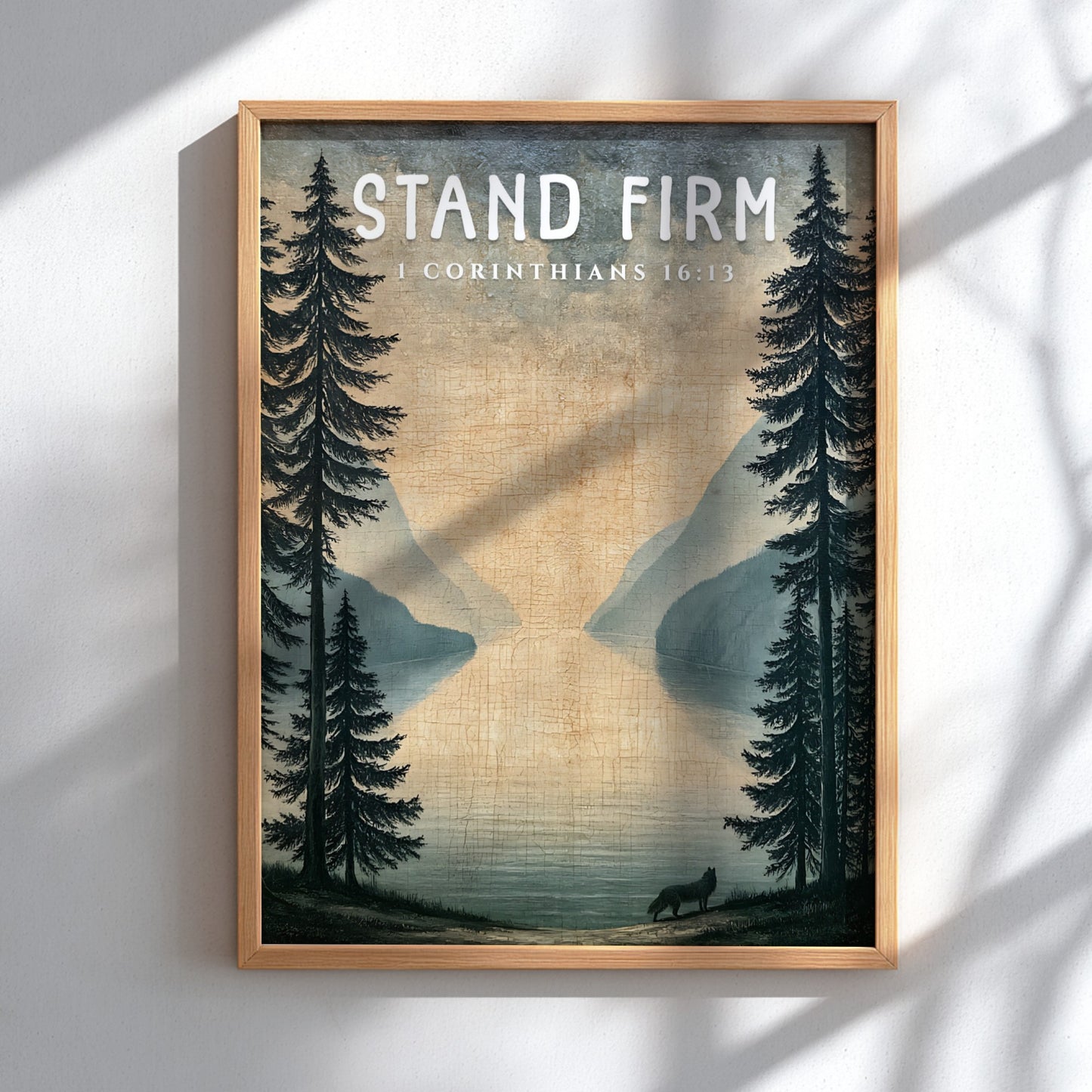 Stand Firm poster featuring a serene landscape with trees and a lake, inspired by 1 Corinthians 16:13,