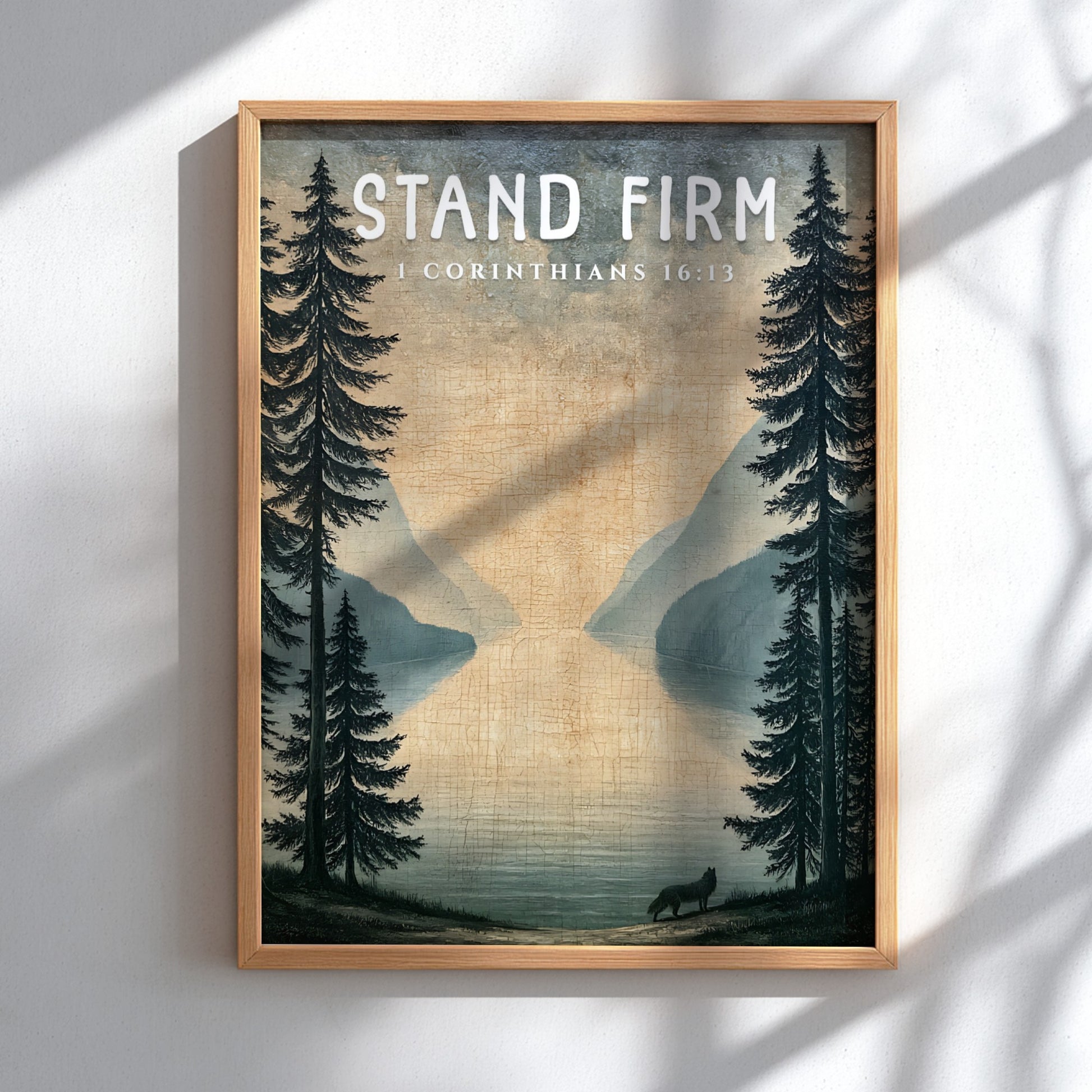 Stand Firm poster featuring a serene landscape with trees and a lake, inspired by 1 Corinthians 16:13,