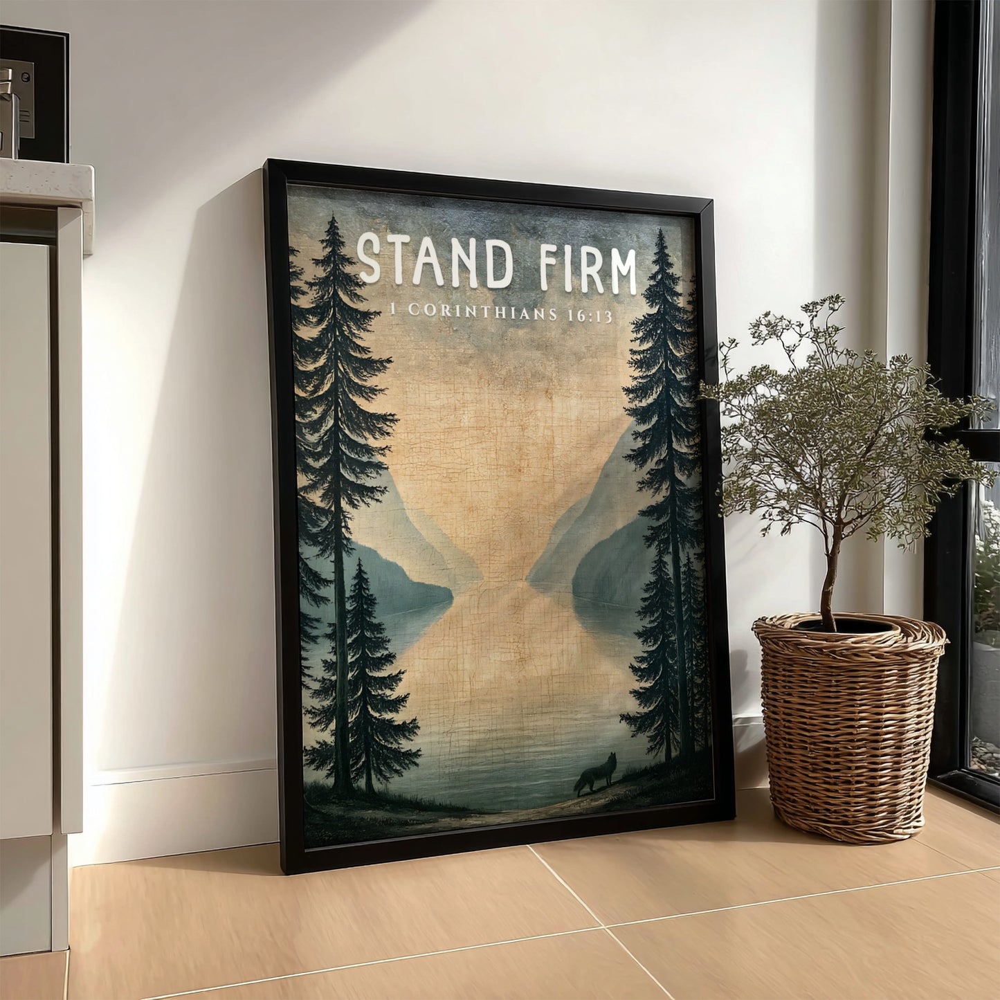 Stand Firm poster featuring a serene landscape with trees and a lake, inspired by 1 Corinthians 16:13,