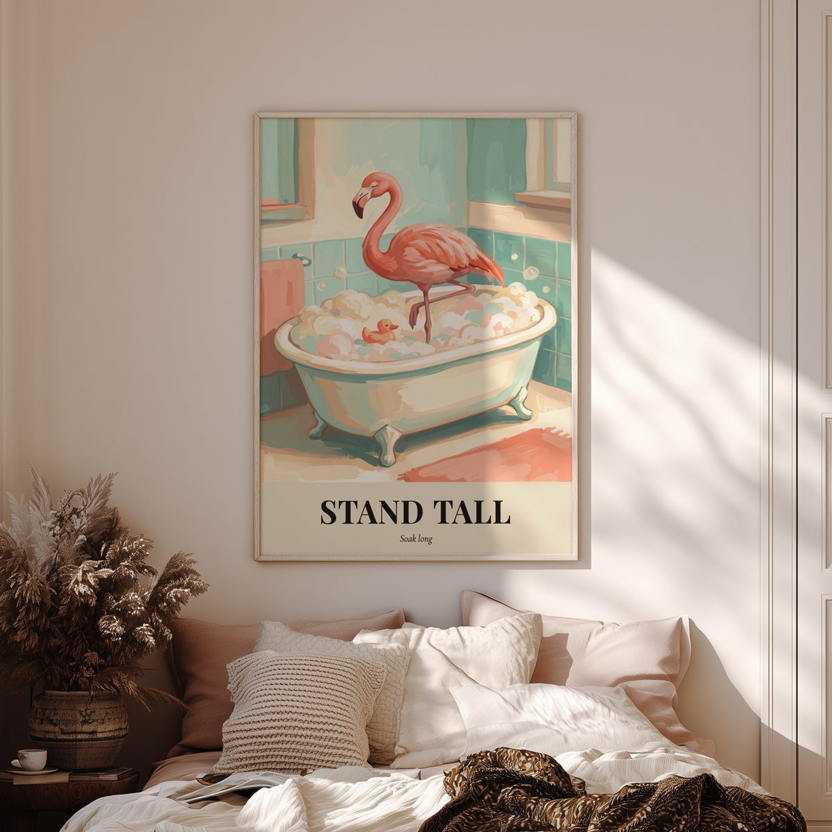 Poster of a pink flamingo standing in a clawfoot bathtub with bubbles and text.