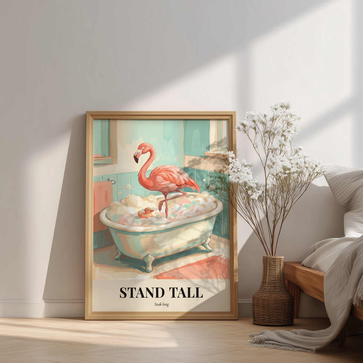 Poster of a pink flamingo standing in a clawfoot bathtub with bubbles and text.