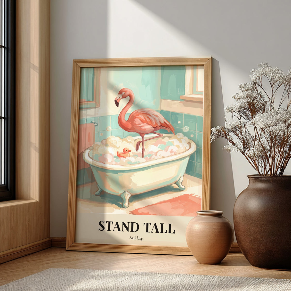 Poster of a pink flamingo standing in a clawfoot bathtub with bubbles and text.
