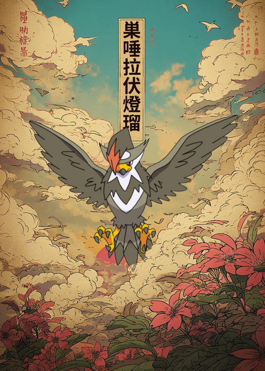 Staraptor Pokemon flying among flowers and clouds with Chinese text