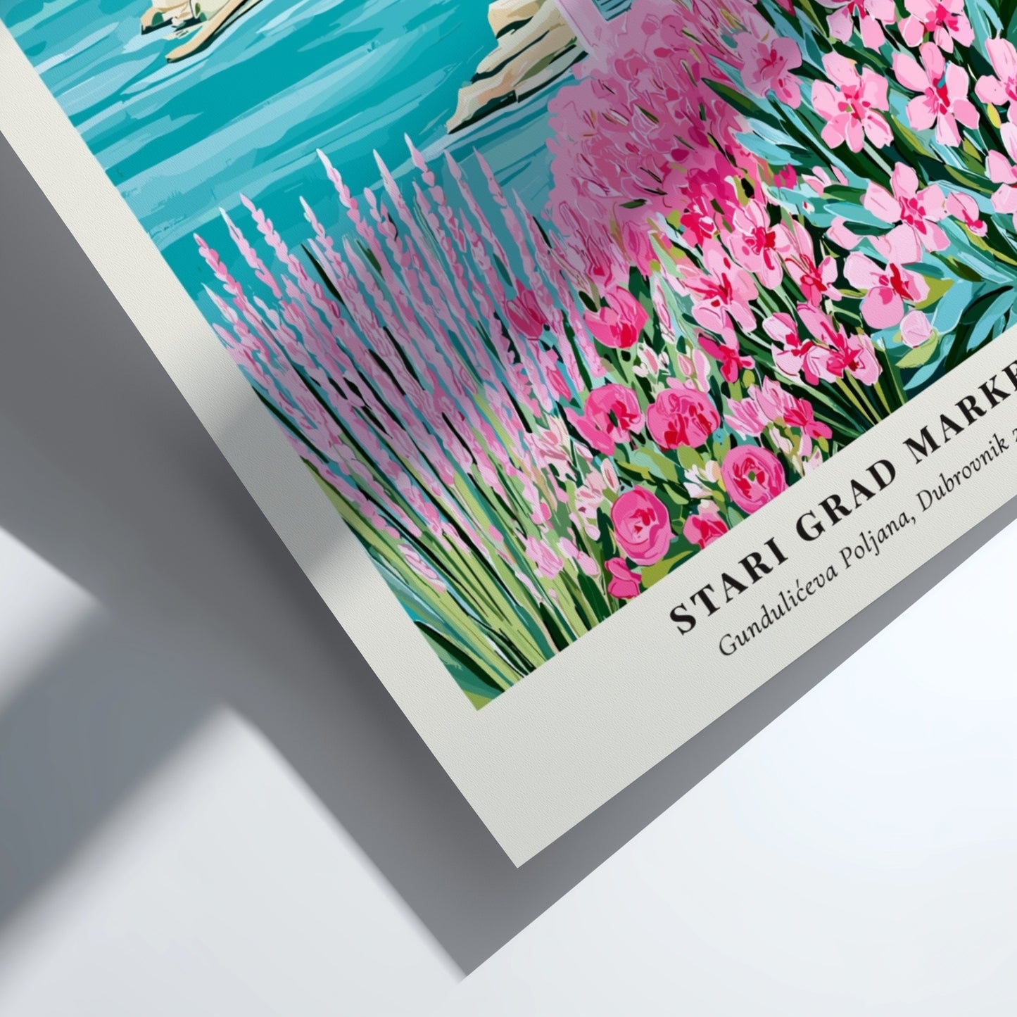 Coastal wall decor featuring pink flowers and Mediterranean scenery in vibrant colors