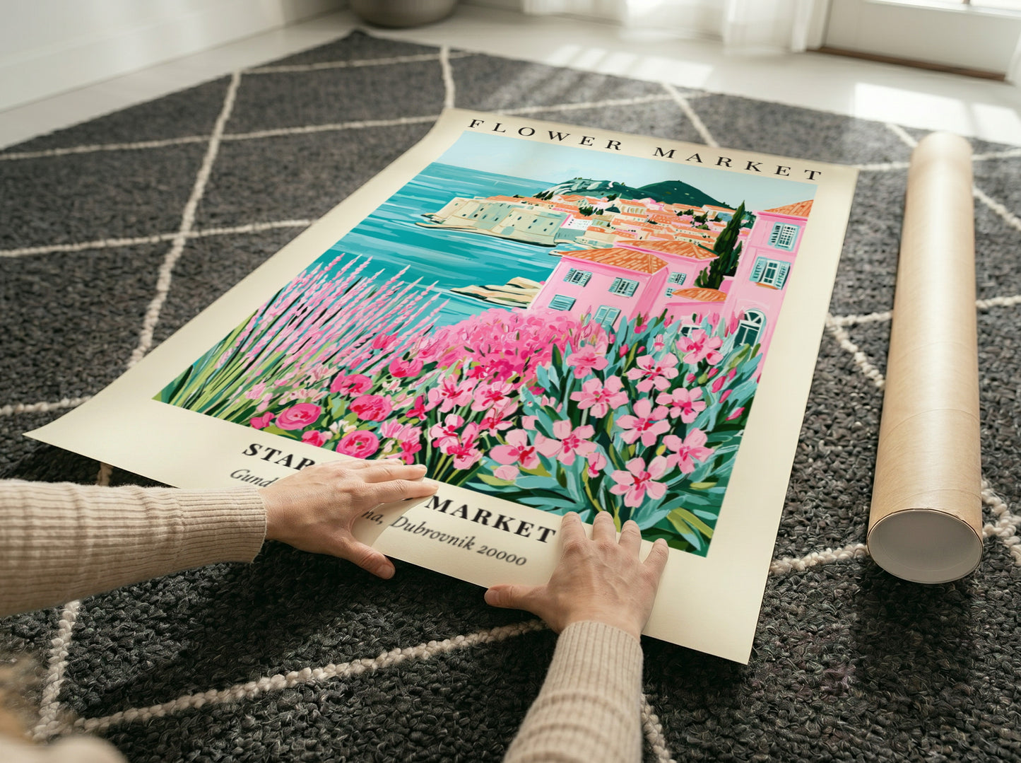 Coastal wall decor featuring pink flowers and Mediterranean scenery in vibrant colors