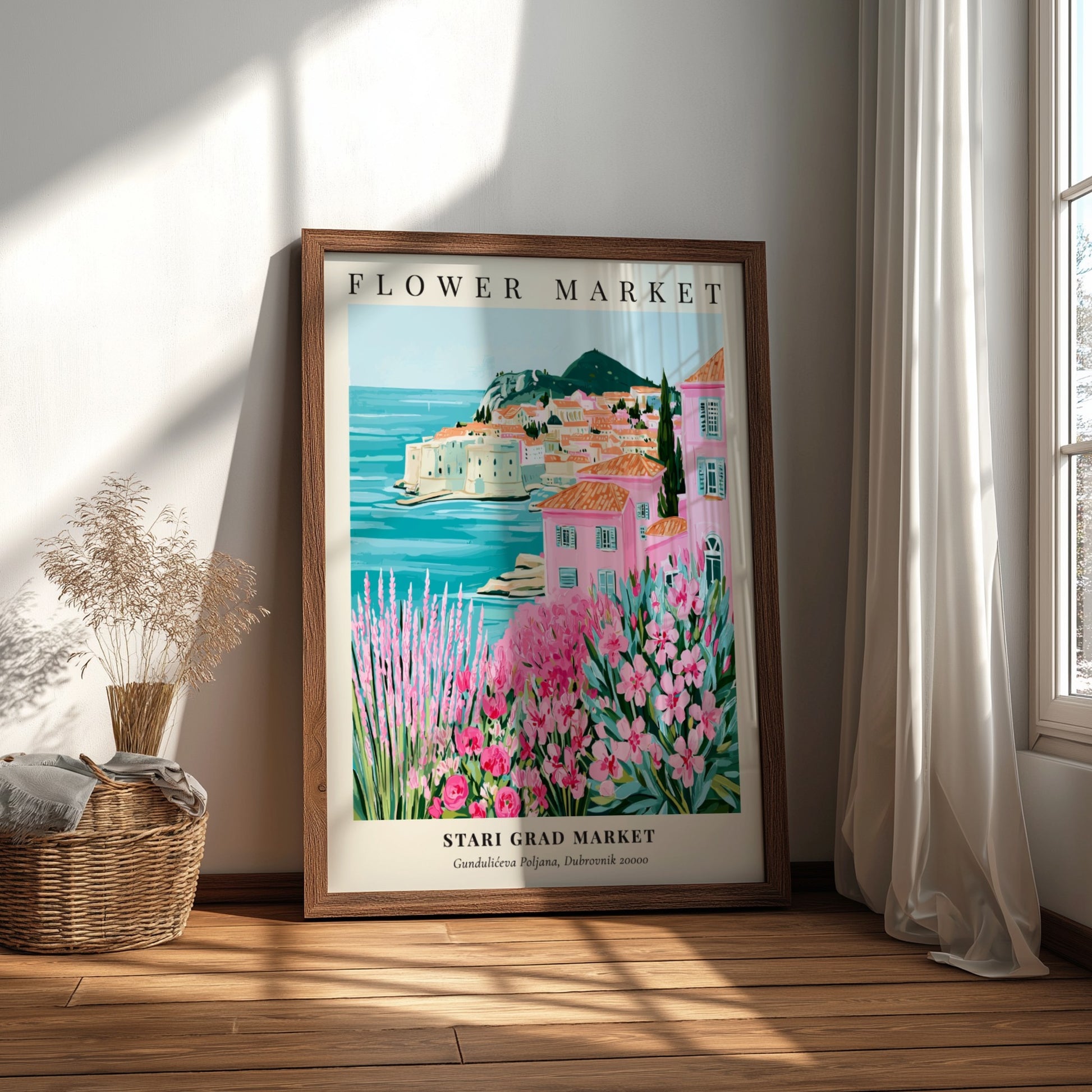 Coastal wall decor featuring pink flowers and Mediterranean scenery in vibrant colors