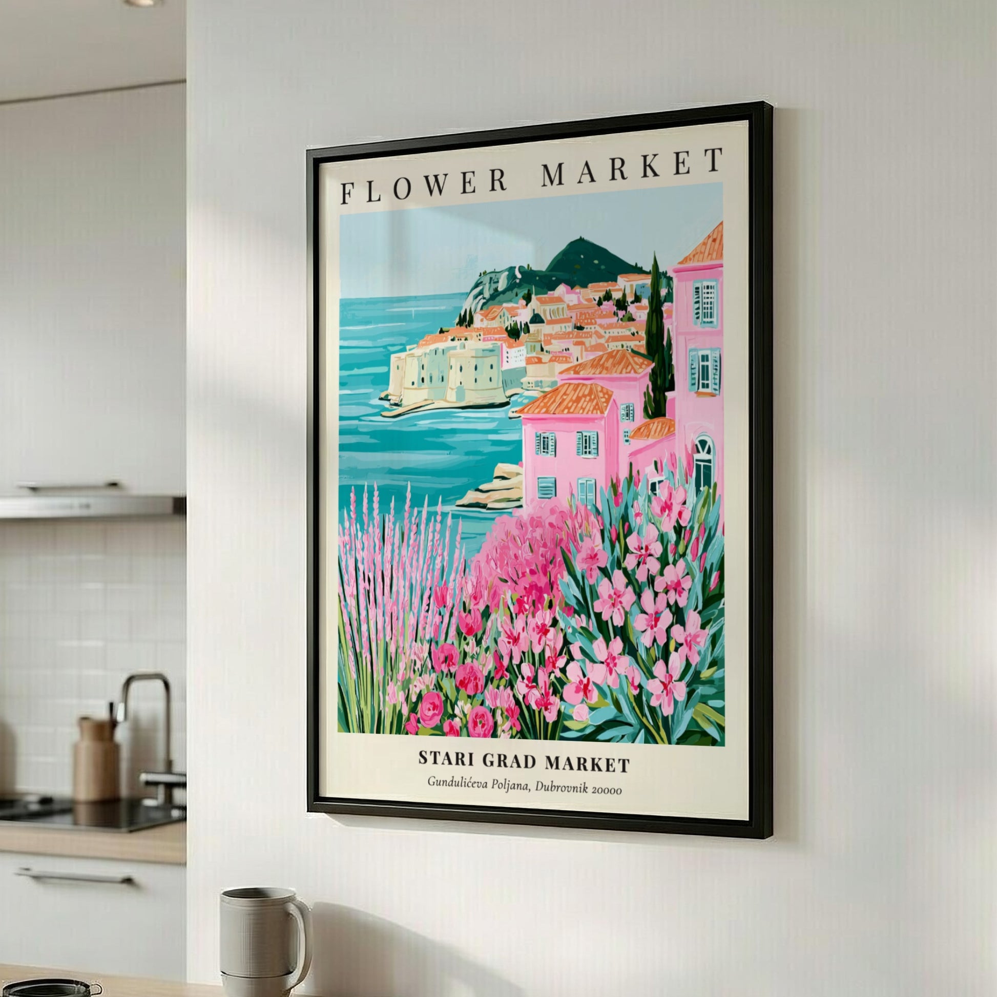 Coastal wall decor featuring pink flowers and Mediterranean scenery in vibrant colors