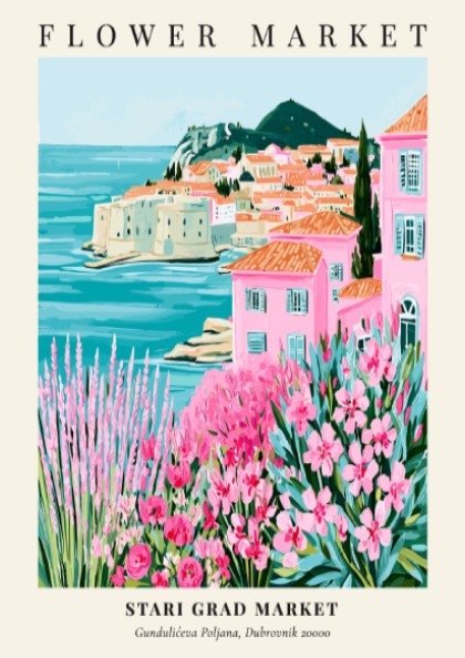 Coastal wall decor featuring pink flowers and Mediterranean scenery in vibrant colors