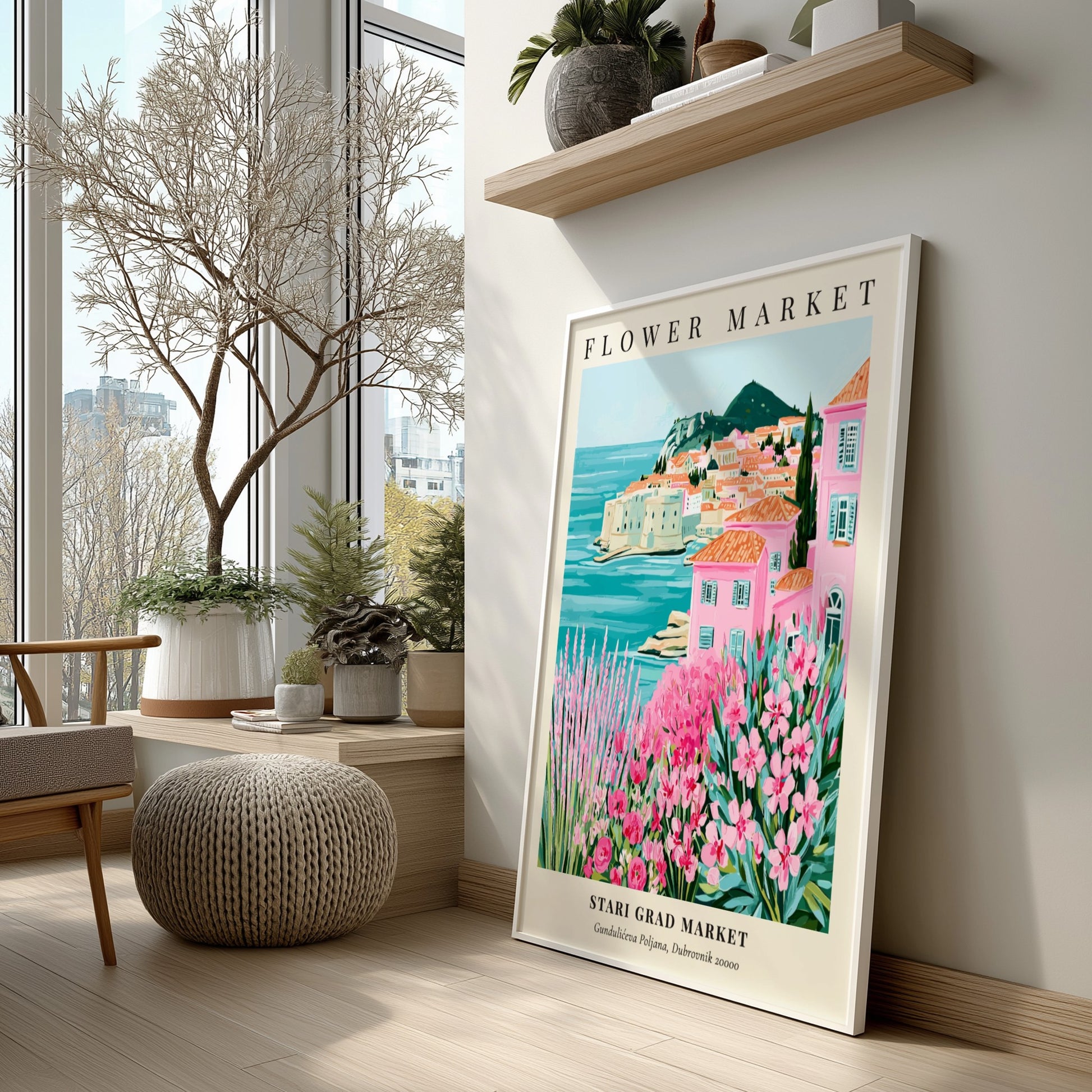Coastal wall decor featuring pink flowers and Mediterranean scenery in vibrant colors