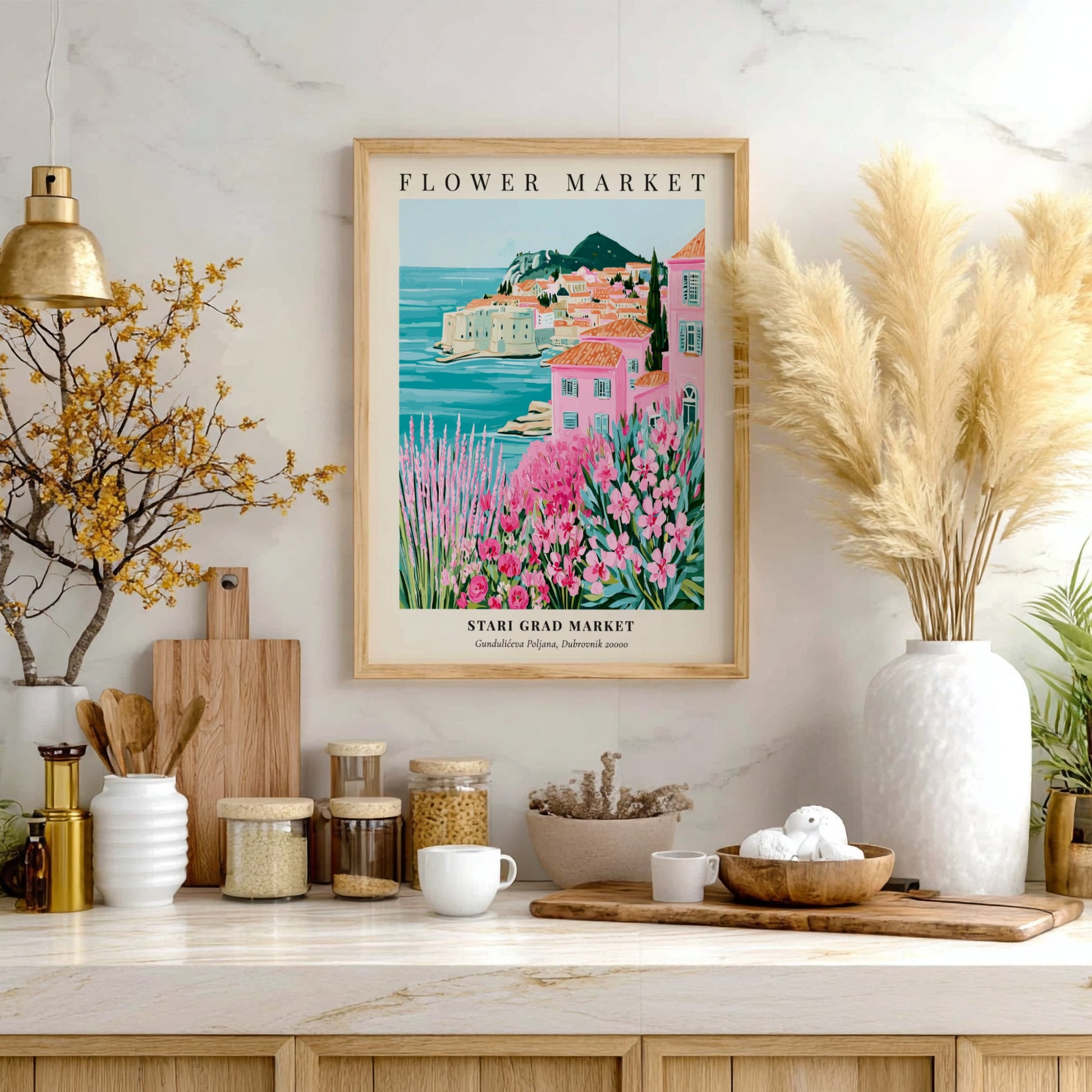 Coastal wall decor featuring pink flowers and Mediterranean scenery in vibrant colors