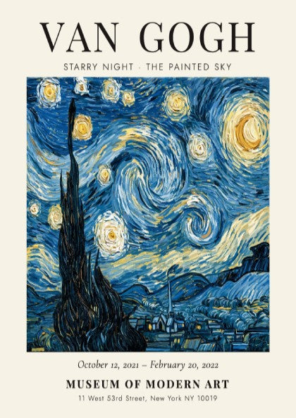 Starry Night poster featuring swirling blue and yellow colors inspired by Van Gogh's artwork