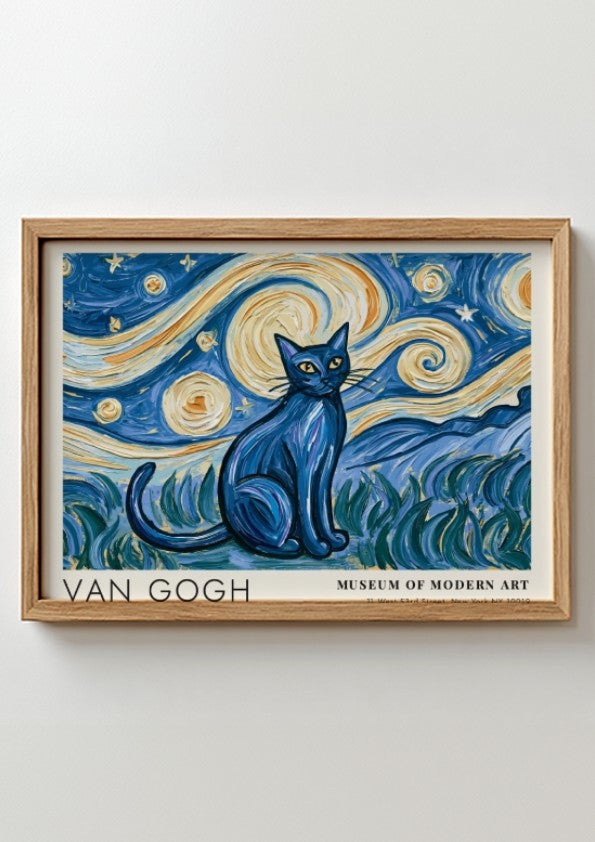 Starry Night Cat Poster featuring a blue cat against a swirling night sky in Van Gogh style