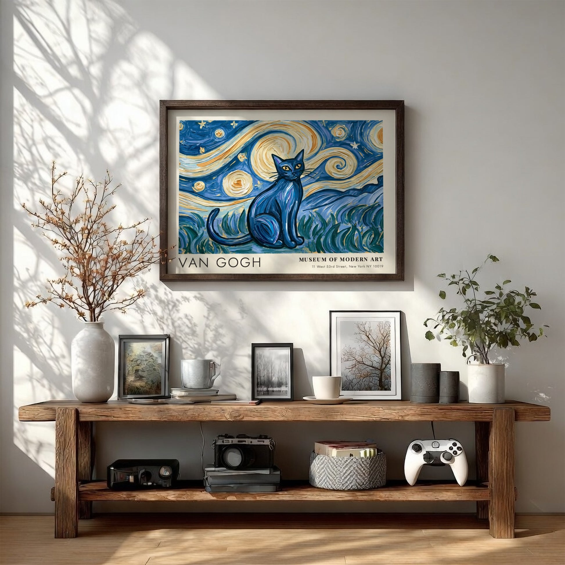 Starry Night Cat Poster featuring a blue cat and swirling starry sky in Van Gogh style