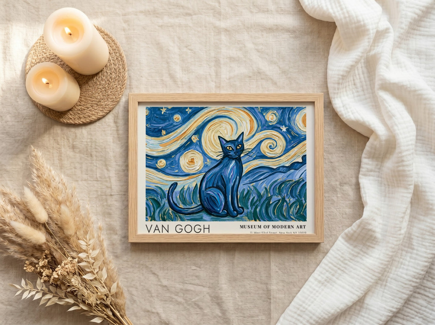 Starry Night Cat Poster featuring a blue cat against a swirling night sky in Van Gogh style