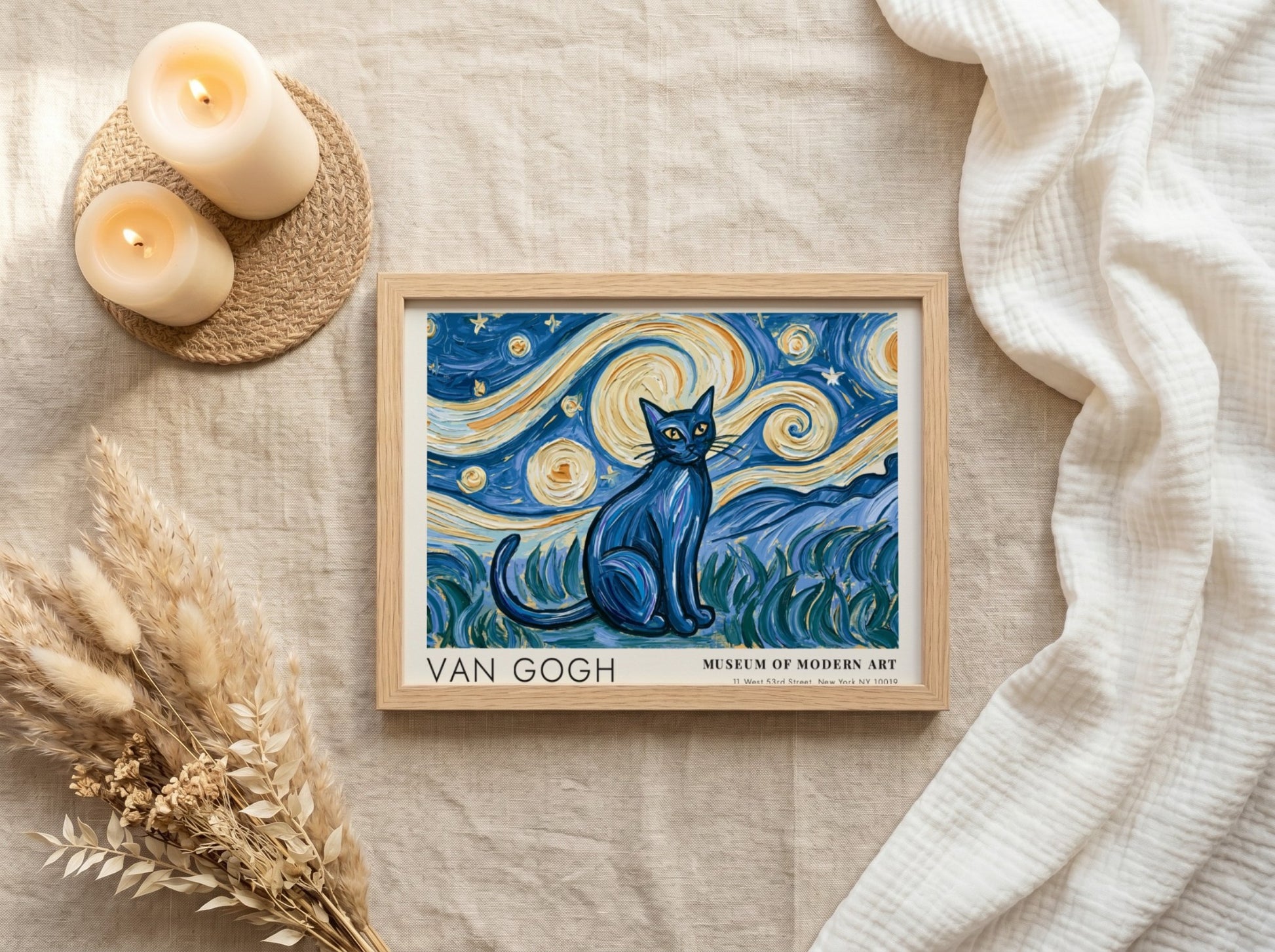 Starry Night Cat Poster featuring a blue cat against a swirling night sky in Van Gogh style