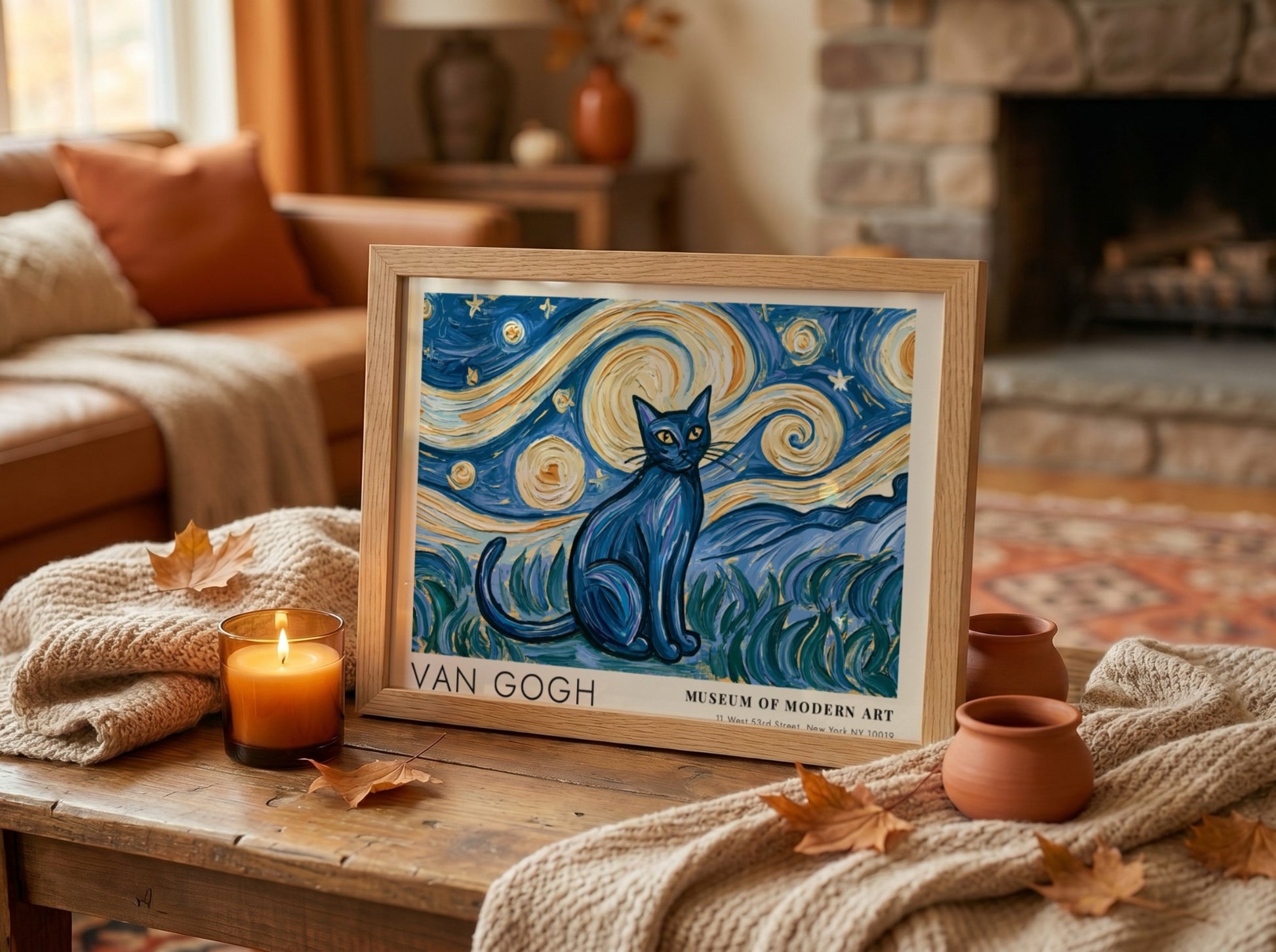 Starry Night Cat Poster featuring a blue cat against a swirling night sky in Van Gogh style
