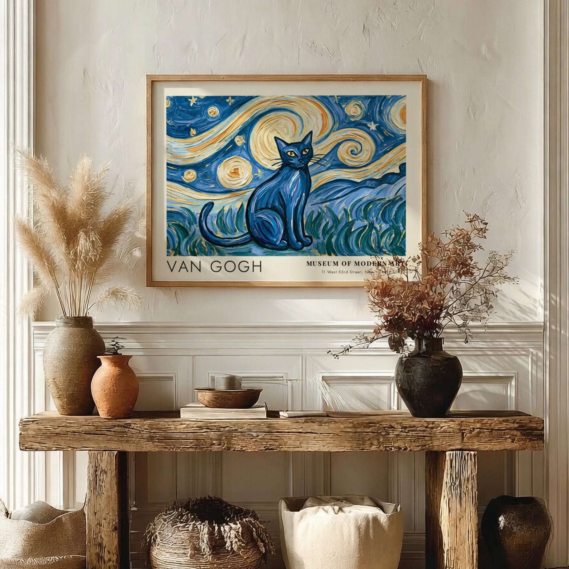 Starry Night Cat Poster featuring a blue cat and swirling starry sky in Van Gogh style