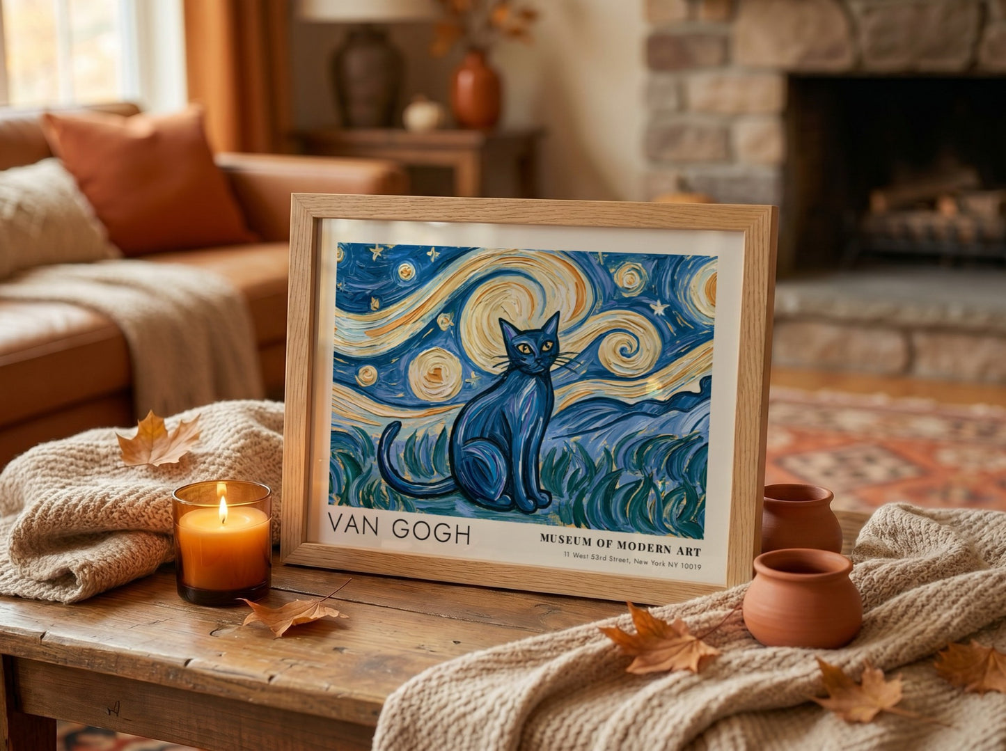 Starry Night Cat Poster featuring a blue cat and swirling starry sky in Van Gogh style