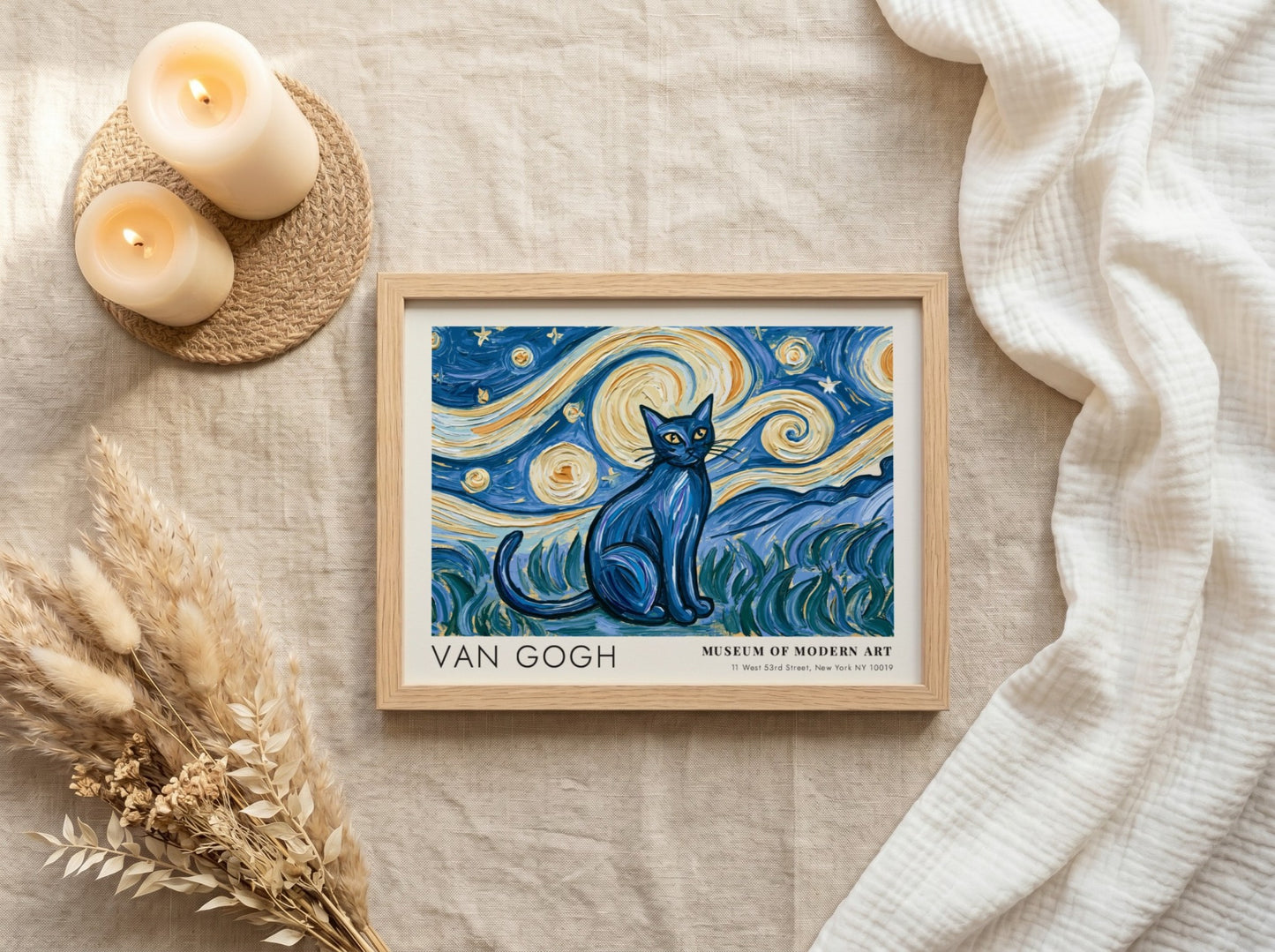 Starry Night Cat Poster featuring a blue cat and swirling starry sky in Van Gogh style