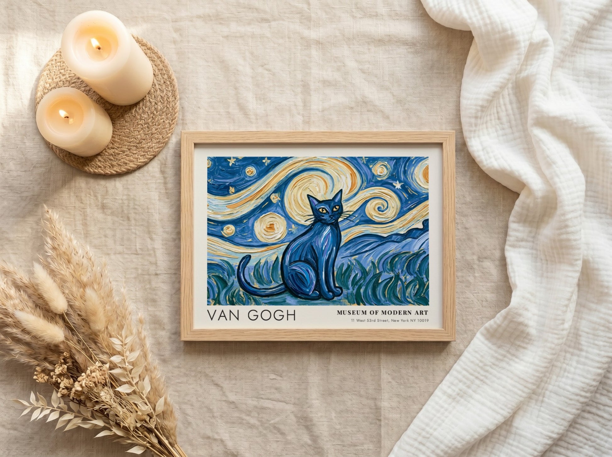 Starry Night Cat Poster featuring a blue cat and swirling starry sky in Van Gogh style