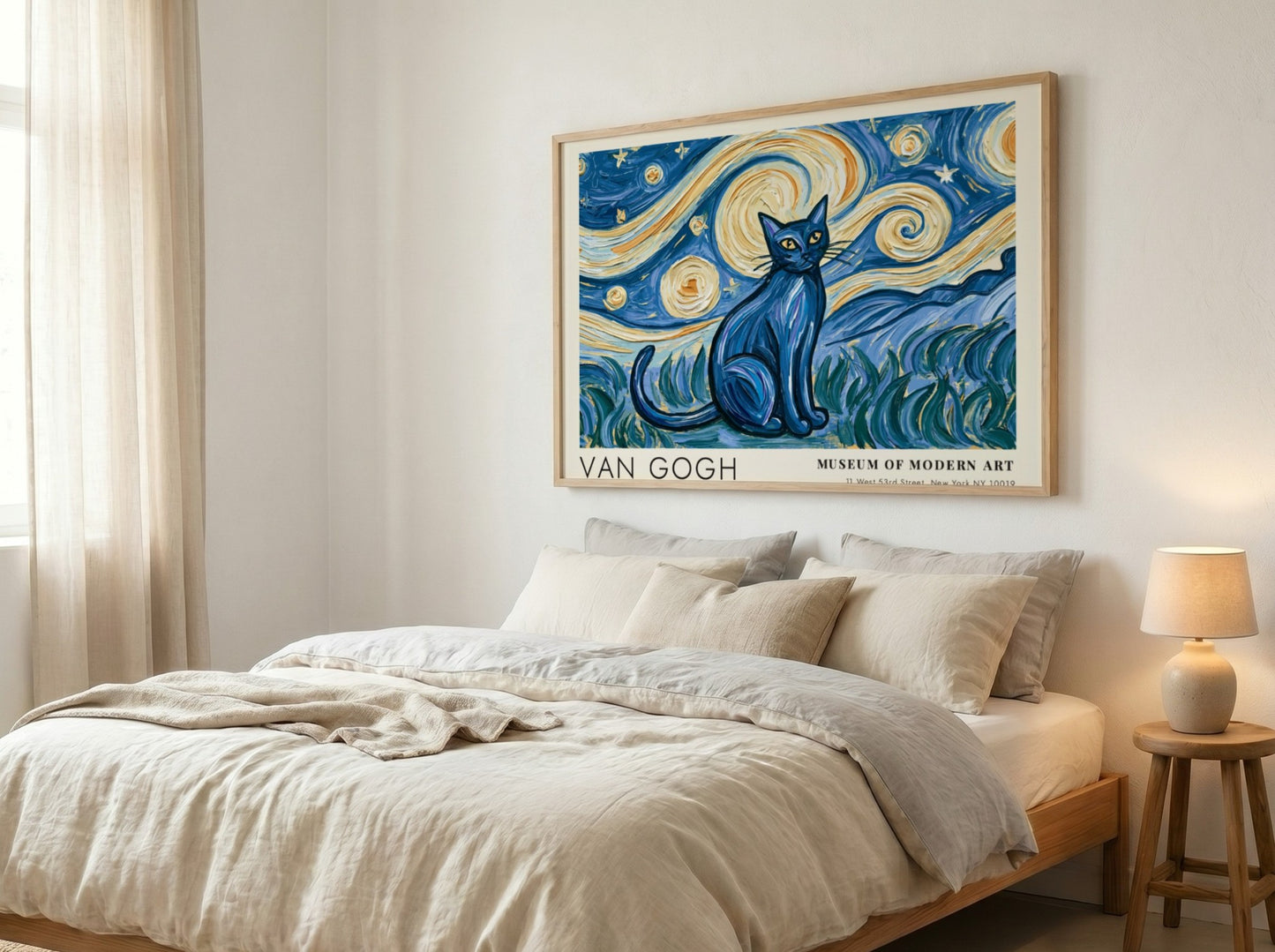 Starry Night Cat Poster featuring a blue cat against a swirling night sky in Van Gogh style