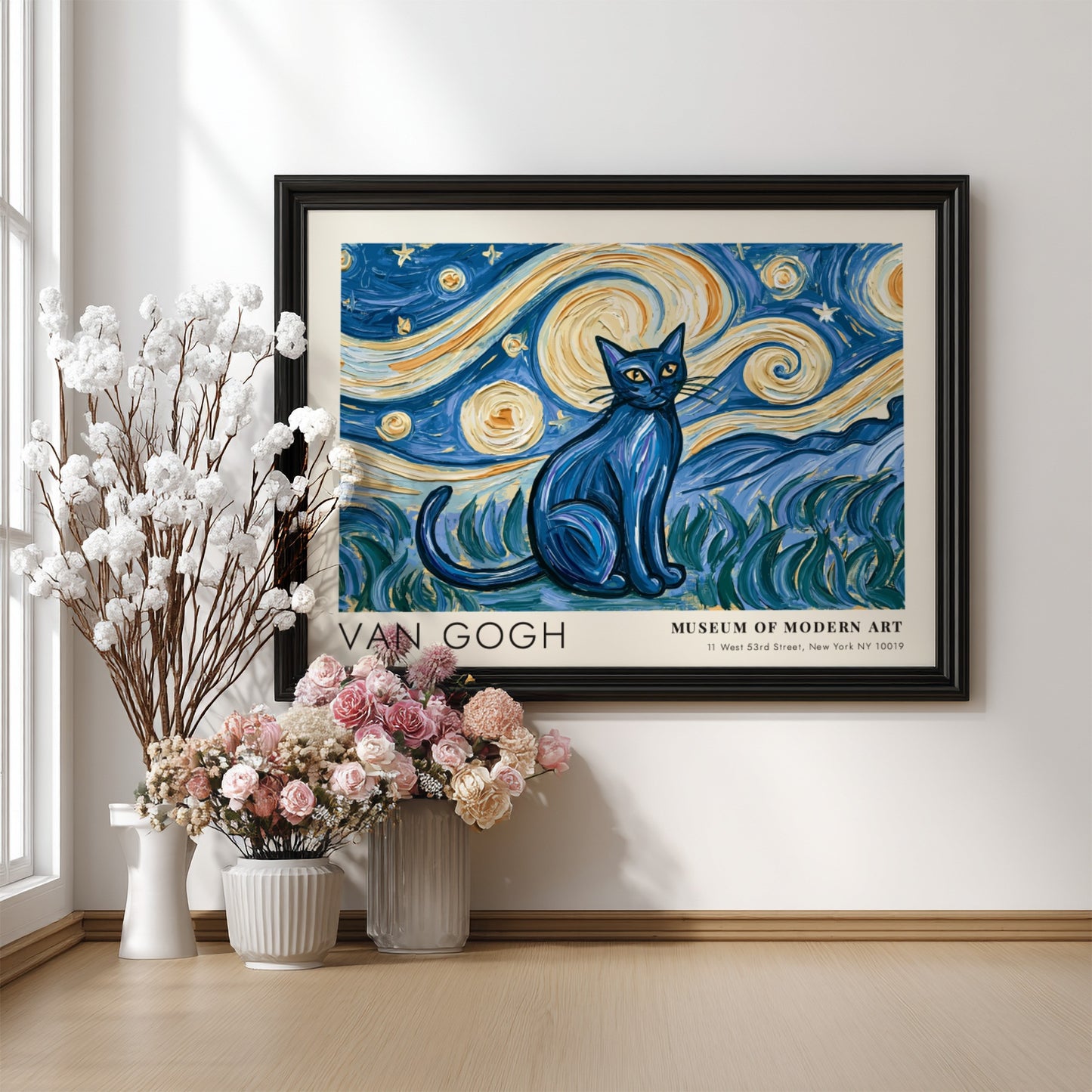 Starry Night Cat Poster featuring a blue cat and swirling starry sky in Van Gogh style