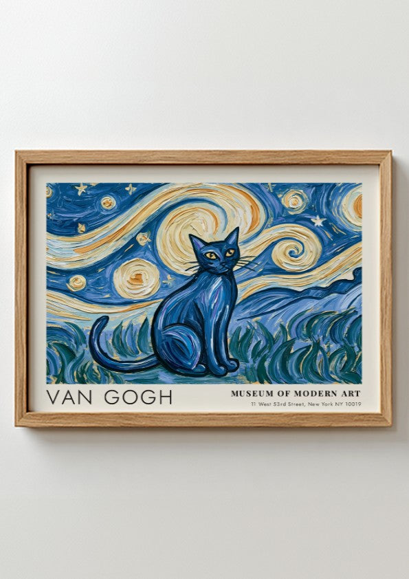 Starry Night Cat Poster featuring a blue cat and swirling starry sky in Van Gogh style