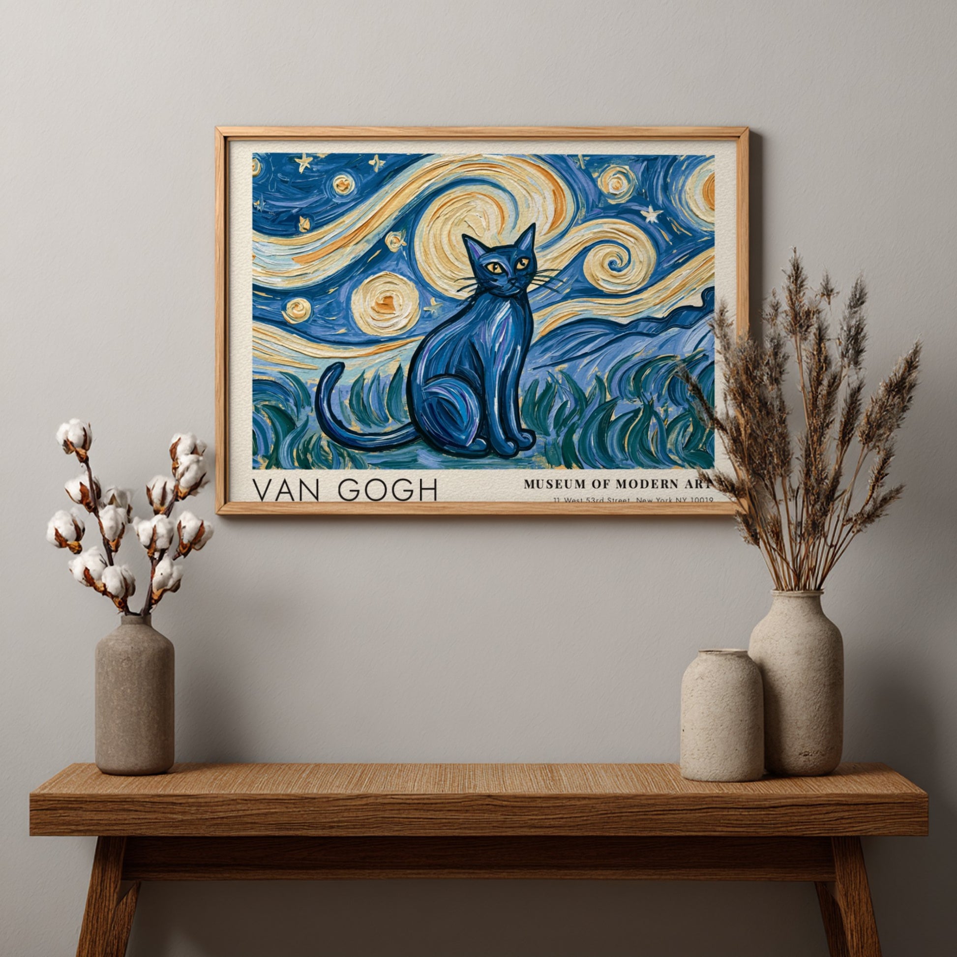 Starry Night Cat Poster featuring a blue cat against a swirling night sky in Van Gogh style