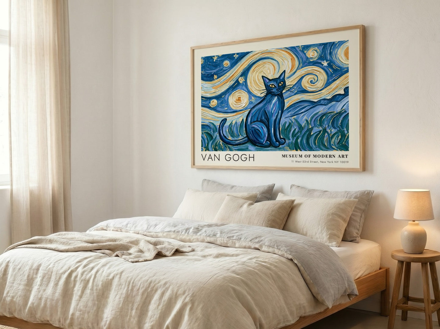 Starry Night Cat Poster featuring a blue cat and swirling starry sky in Van Gogh style