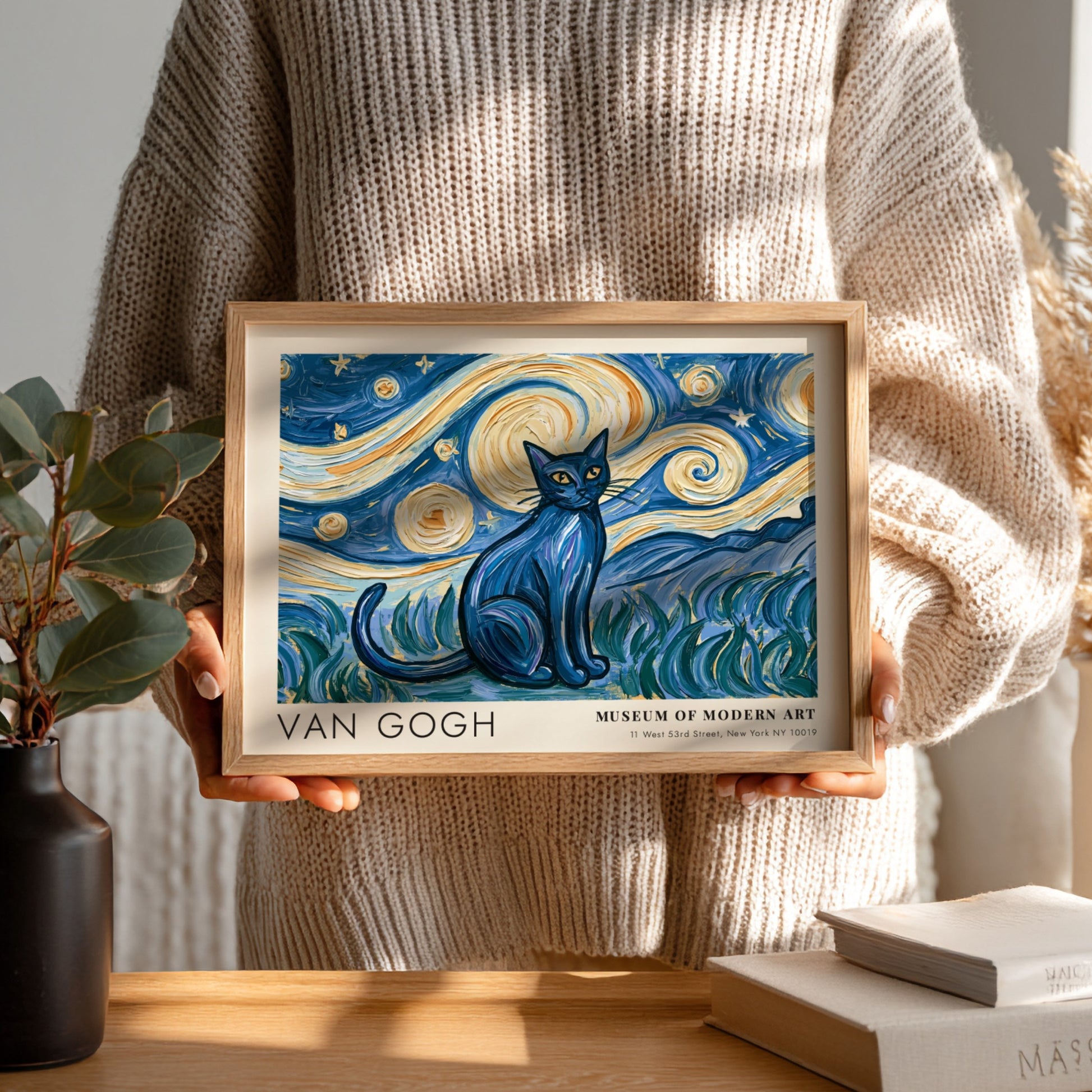 Starry Night Cat Poster featuring a blue cat and swirling starry sky in Van Gogh style