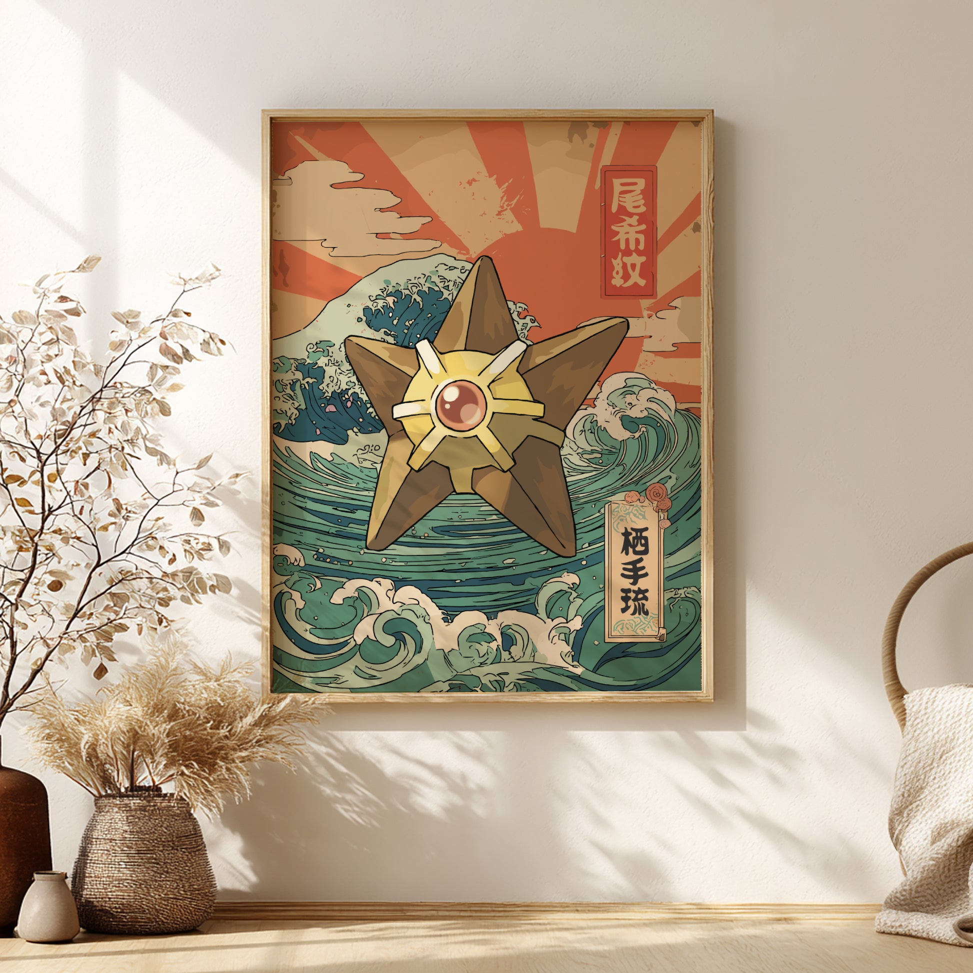 Framed artwork with a Staryu Pokemon design and wave patterns on a wall with decorative elements.