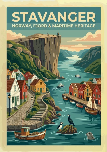 Travel poster of Stavanger Norway showing colorful houses by the fjord and cliffs.