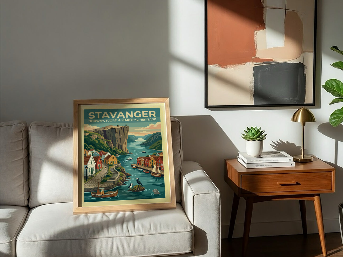 Travel poster of Stavanger Norway showing colorful houses by the fjord and cliffs.