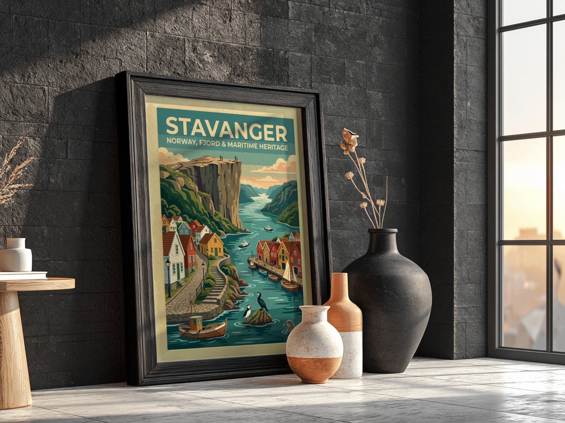 Travel poster of Stavanger Norway showing colorful houses by the fjord and cliffs.