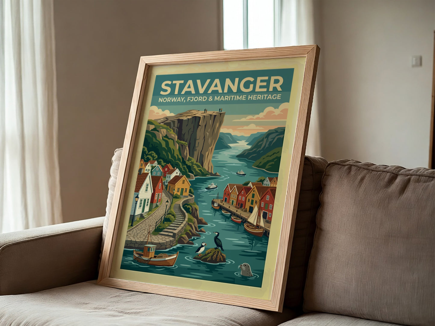 Travel poster of Stavanger Norway showing colorful houses by the fjord and cliffs.
