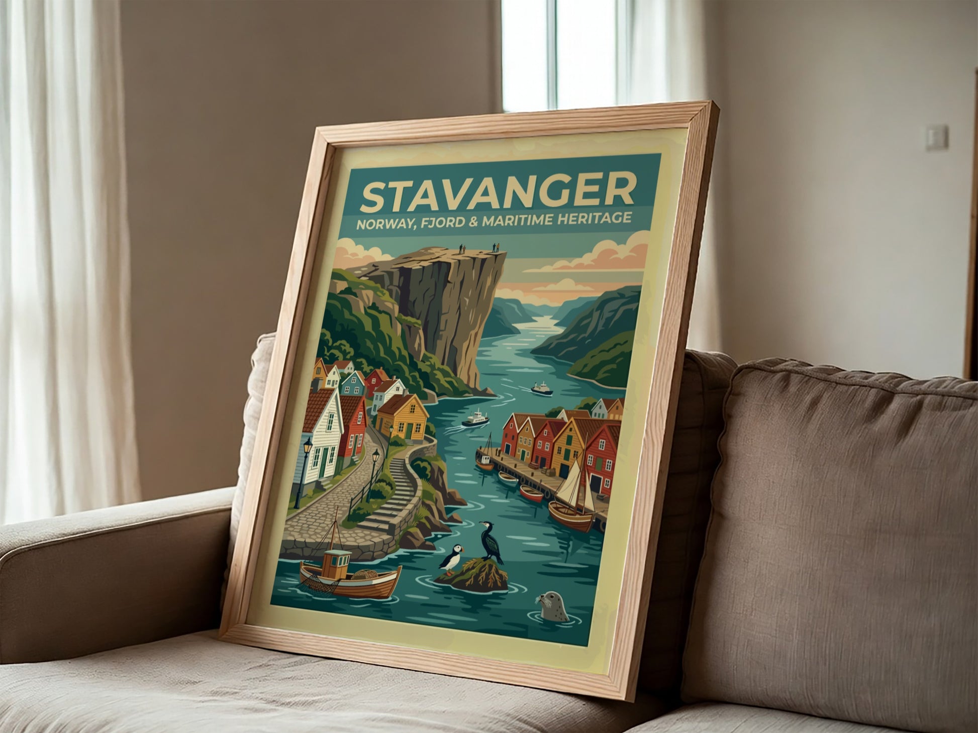 Travel poster of Stavanger Norway showing colorful houses by the fjord and cliffs.